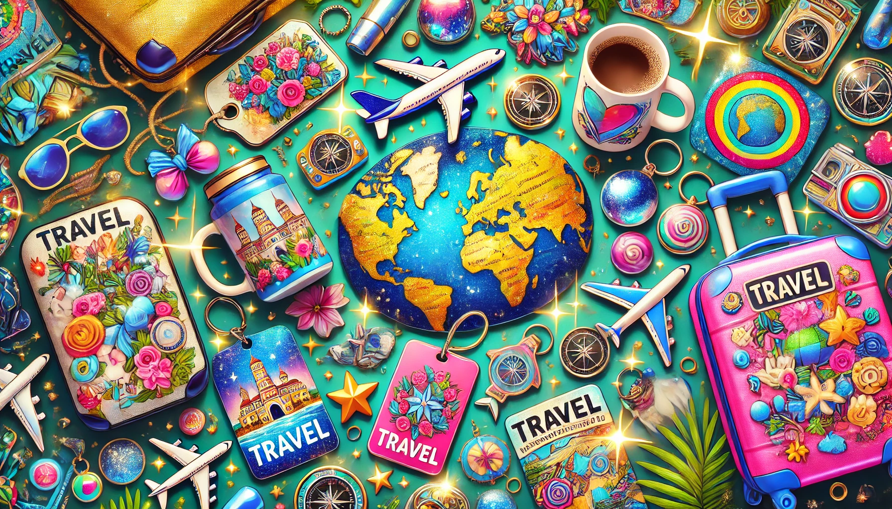 This vibrant and eye-catching image showcases a variety of travel-themed sublimation accessories. Featured prominently are custom luggage tags and travel mugs adorned with designs of world maps, airplanes, and famous landmarks. The accessories are surrounded by sparkles and a touch of glitter, adding a whimsical and captivating element that appeals to travel enthusiasts and those looking for unique, personalized travel items.