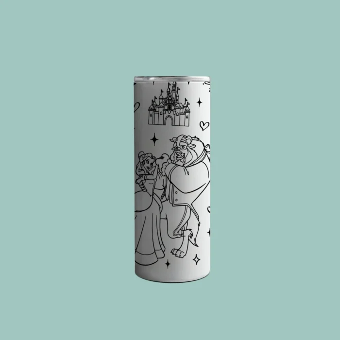 Princess Belle and Beast Cartoon Black and White Tumbler
