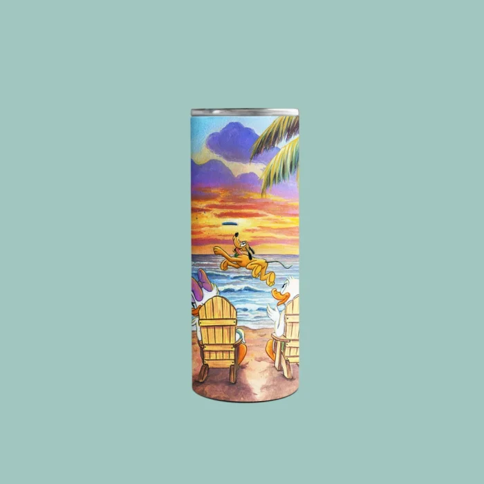 Mickey Mouse Minnie Mouse Pluto Donald Duck Cartoon Beach Sunset Tumbler