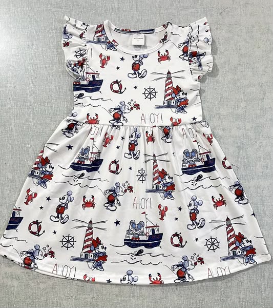 Nautical Mouse Flutter Sleeve Twirl Dress